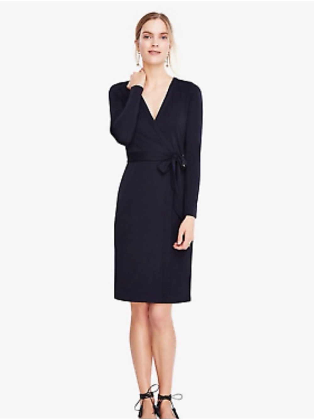 Ann Taylor Jersey Knit Long Sleeve Wrap Midi Sheath Black Dress Size 12